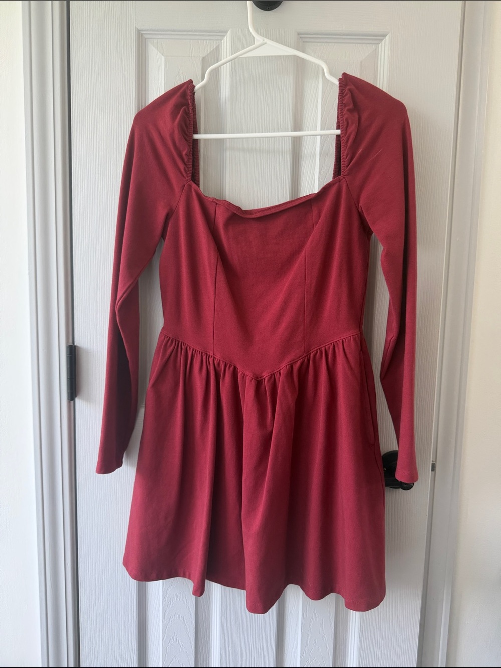 aerie Long-Sleeve Square Neck Mini Dress in Deep Red